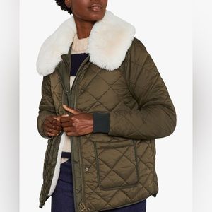 Boden Olive Green Quilted Puffer Jacket with White Collar